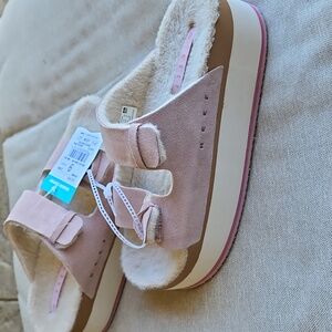 REEF Ojai Ciara Faux-Fur Lined Platform Slides Sandals, Pale Mauve- Sz 9, 40